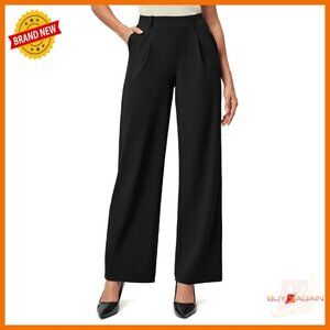 Stretchy Wide Leg Pull On Work Pants High Waisted with Pockets